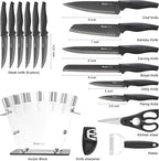 Wanbasion 16pcs Black Kitchen Knife Set with Block, Stainless Steel Knives Set for Kitchen, Professional Chef Knife Sets for Kitchen with Sharpener Acrylic Block