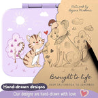 BEARFOOT Kids Lunch Box with Compartments – Compact & Lightweight | Leak-Proof, BPA-Free, Dishwasher & Microwave Safe | Hand-Drawn Design for Preschool, School, Travel (Dog & Cat Purple, 4 Cups)