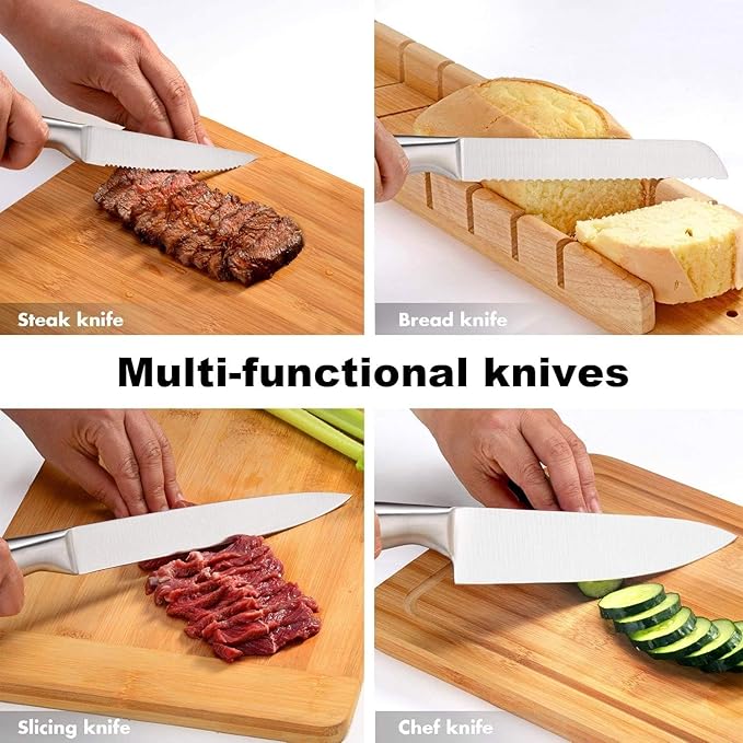 Knife Set, 14 Pieces Kitchen Knife Set with Wood Block, Chef Knife with 6 Pieces Serrated Steak Knives, High Carbon Stainless Steel Knife Sets for Multipurpose Cooking