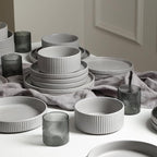 Stone Lain Haven Stoneware 32-Piece Dinnerware Set, Plates and Bowls Sets for 8, Grey Dish Set, Includes Dinner and Salad Plates, Cereal Bowls, Glassware, Microwave & Dishwasher Safe