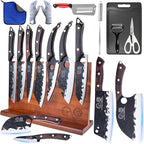 XYJ Knife Block Set, High Carbon Steel Blades, Kitchen Knives Set with Block, Cutting Board, Sharpening Steel, Scissors, Gloves, Mini Knife, Towel, Full Tang Knives, Pakkawood Handle