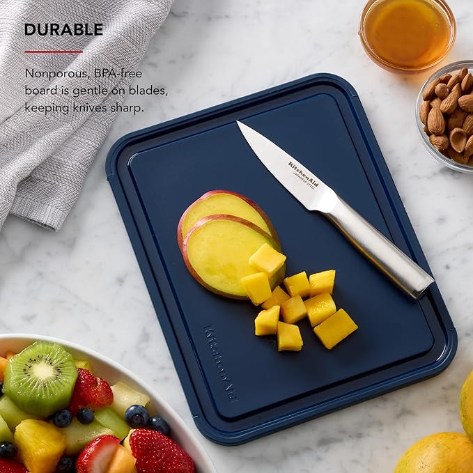 KitchenAid Classic Plastic Cutting Board with Perimeter Trench and Non Slip Edges, Dishwasher Safe, 8 x 10 inch, Ink Blue