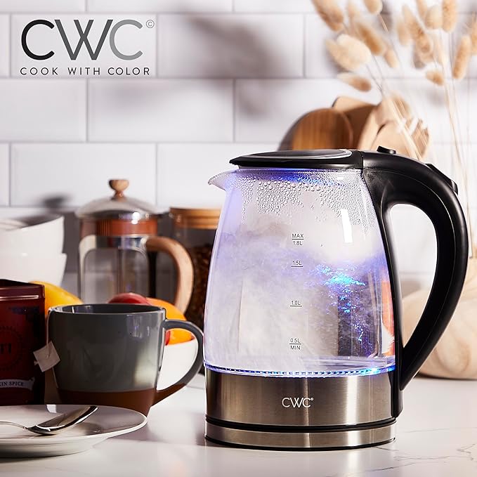 COOK WITH COLOR Electric Tea Kettle, 1.8L Cordless Hot Water Boiler, 1200W Rapid Boil, Auto Shutoff & Boil Dry Protection, BPA-Free, Sleek Countertop Design, Black