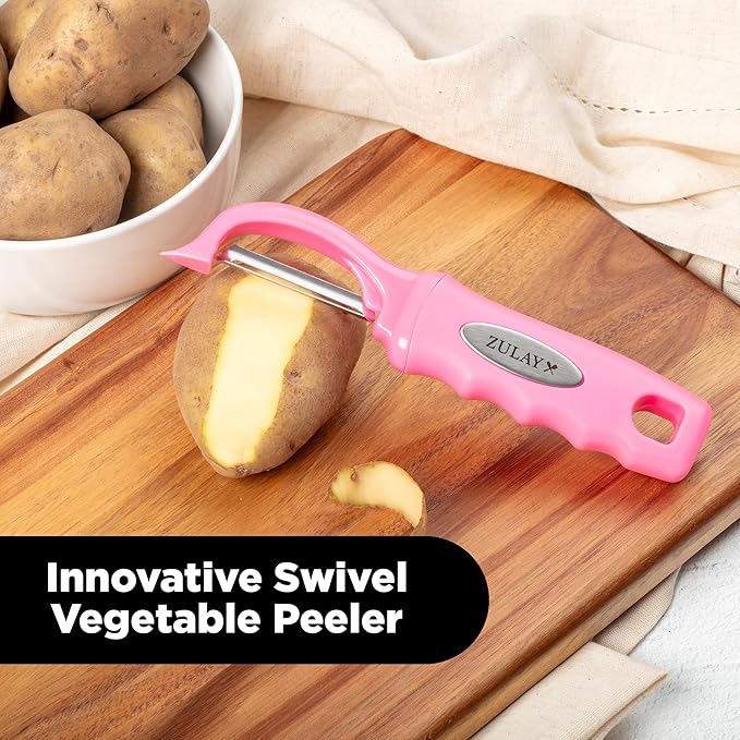 Zulay Kitchen Premium Vegetable Peeler for Kitchen - Swivel Peeler with Razor Sharp Stainless Steel Blades & Strong Ergonomic Handle - Dishwasher Safe, Easy To Use with Blemish Remover - Pink