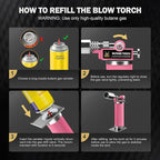 RAVS Butane Torch, Kitchen Torch Lighter for Creme Brulee with Adjustable Flame, Cooking Torch for Baking, BBQ, Desserts, Metal Mini Torch with Safety Buckle, Pink (Butane Not Included)