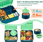 Bento Lunch Box for Kids with 8oz Soup Thermo,Kids Leakproof Lunch Food Containers with 4 Compartment,Kid Insulated Thermo Hot Food Jar for School,Trvael-Green