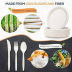 Gezond Compostable Paper Plates 250pcs Disposable Plates Heavy-Duty Paper Plates Biodegradable White Plates for Party Sugarcane Plates Cornstarch Forks Knives Spoons for 50 Guests