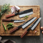 HEZHEN Kitchen Knife Set 4PCS, Clad Steel Chef Knife Nakiri Forged Steel Santoku, Wooden Octagonal Handle