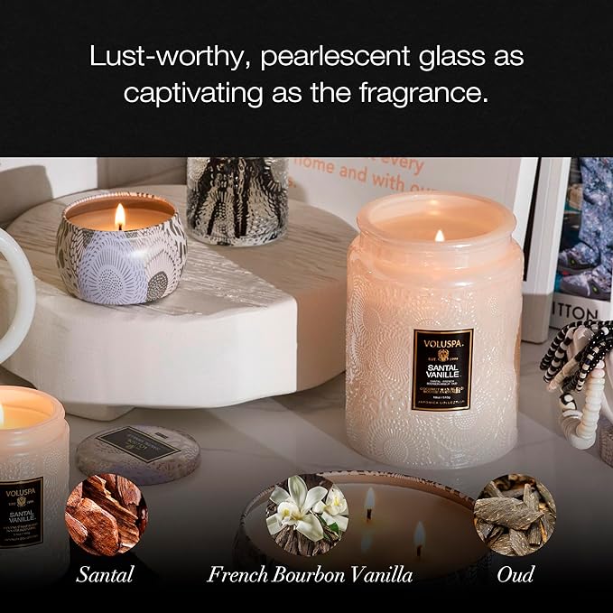 Voluspa Santal Vanille, Large Candle Jar, 18 oz, 100 Hour Burn Time, Coconut Wax for Clean Burning, Handcrafted in the USA
