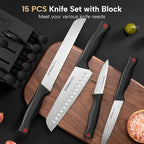 Astercook Knife Set, 15 Pieces Kitchen knives Set with Built-in Sharpener, High Carbon German Stainless Steel Chef Knife Block Sets, Sharp & Rust Resistant Dishwasher Safe, Black