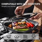 Kordisen Nonstick Grilling Pan with Lid for Stove Tops, 9.5 Inch Square Grill Pan for Indoor Cooking, Granite Coating Grill Skillet with Pour Spouts, Versatile Griddle, Induction Steak Pan, PFOA Free