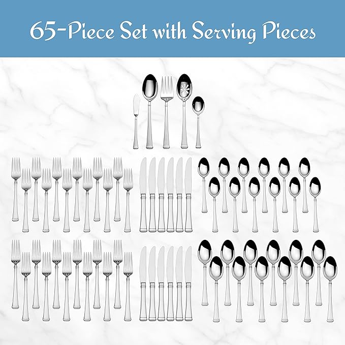 Mikasa Harmony 65-Piece Flatware Set for 12, 18/10 Stainless Steel Silverware with Forks, Knives, Spoons, and Serving Utensils, Elegant Design