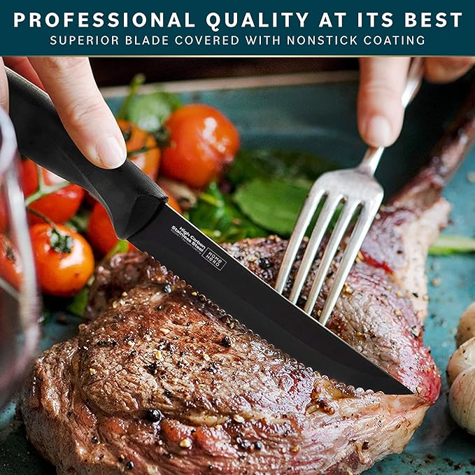 Home Hero Steak Knife Set - Nonstick Serrated Steak Knives - Stainless-Steel Kitchen Knife Set - Ergonomic TPR Handles for Precision Meat Carver - 6-Pc Set, Black
