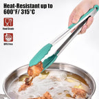 Doosu Kitchen Tongs for Cooking - 600°F Heat Resistant Food Tong with Non-Scratch Silicone Tips, Heavy Duty Stainless Steel Locking Tong for BBQ, Grilling Steak, Serving Salad, Pasta (12in, Aqua Sky)
