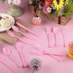 300 Pieces Light Pink Plastic Silverware Heavy Duty Plastic Cutlery Set Heavyweight Disposable Flatware Includes Spoons Forks Knifes for Birthday Party Prom Night Wedding Dinner