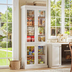 70.8" Tall Farmhouse Kitchen Pantry Cabinet with Glass Doors, Modular Wooden Storage Cabinet with 6-Tier Adjustable Shelves, Hutch for Kitchen or Living Room, White, Set of 3