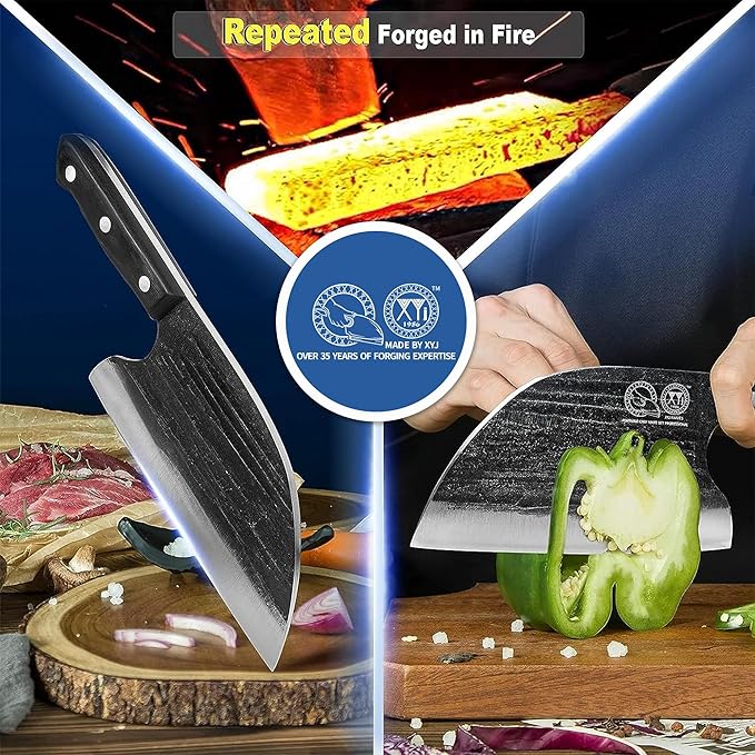 Full Tang, Serbian Chefs knife,Chef Meat Cleaver,Kitchen Knives,Set with Leather Sheath,Take Carrying,Butcher,for Camping or Outdoor (8 inch)
