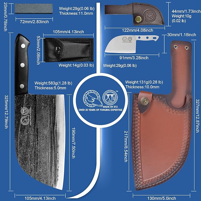 XYJ Authentic Since 1986,Outstanding Ancient Forging, 7.5 Inch Full Tang, Serbian Chefs knife,Chef Meat Cleaver,Kitchen Knives,Set with Leather Sheath,Take Carrying,Butcher