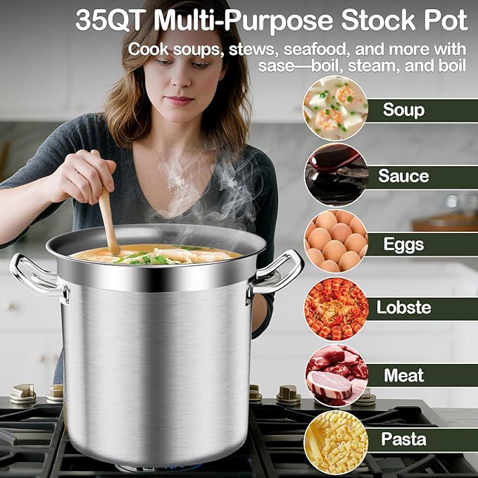 Large Stock Pot-35QT Stainless Steel Stockpot with Lid, Cooking Soup Stew Canning Cooking Pots, Cookware Sauce Pot Heavy Duty Tri-Ply Bottom Commercial Grade Stock Pot & Stockpots for Boiling