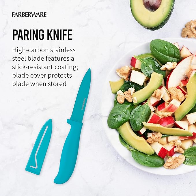 Farberware 2-Piece Paring Knife and Cutting Board Set, 3.5-Inch Paring Knife with Resin Coating and Custom-Fit Blade Cover and Non-Slip Plastic Chopping Board, Dishwasher-Safe Set, White/Blue