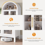 Arched Kitchen Pantry Cabinet with Glass Doors, Display Curio Case with 3 Color LED Lights for Collectibles, Modern 5-Tier Storage Hutch Cabinet, White