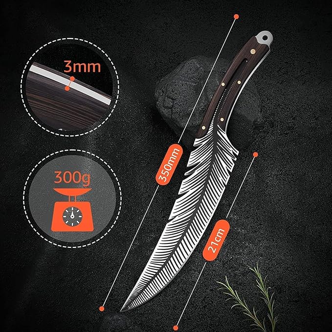 Huusk Japan Knife Feather Knife Hand Forged Viking Knife High Carbon Steel Butcher Knife Boning knife for Meat Cutting Japanese Chef Knives Cooking Knife with Sheath for Kitchen Camping Gift for Dad