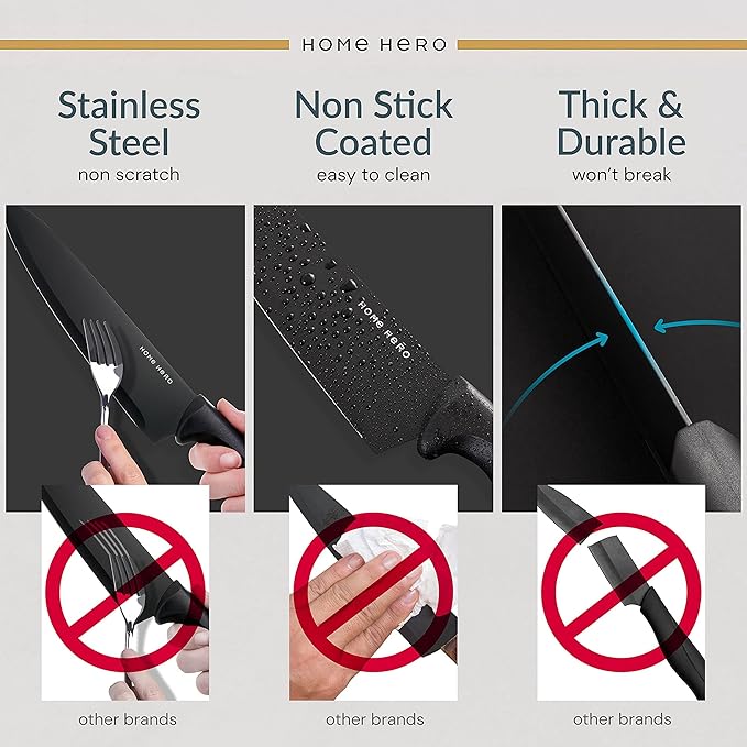 Home Hero Kitchen Knife Set - High Carbon Stainless Steel Blades & Built-In Sharpener - Ergonomic Handles & Cutlery Block Storage - Precision Cooking Prep with Chef Knife - 20 Pc, Black