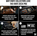 Premium Pocket Knife Display Case for 10 Knives - Wooden Knife Organizer, Storage & Holder with Unique Pillars, Hinged Cover, Drawer - Knife Collection Box - Handcrafted for Men