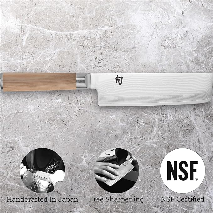 Shun Classic Blonde 6.5" Nakiri Knife, Handcrafted Japanese Vegetable Knife, VG-MAX Core with Damascus Stainless Steel Cladding, Pakkawood Handle, Slicing Tool for Professional and Home Chefs