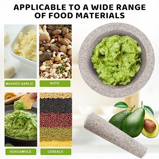 Mortar and Pestle Set,Heavy Duty,Unpolished Granite,6 Inch-2Cup Capacity,Grinder for Spices and Seeds,Grinding,Crushing and Mashing Spices,Nuts,for Guacamole,Garlic Sauce,Gray.