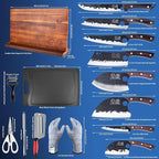XYJ Knife Block Set, Knives Set with Holder, Cutting Board, Scissors, Gloves, Sharpening Stick, Washing Cloth, High-Carbon Steel Blades, Chef's Knives, Cleaver, Carving Knife, Nakiri, Full Tang Design