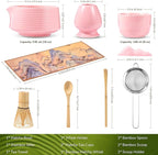 HELPLX Matcha Whisk Set 10-Piece Japanese Matcha Kit with BowlWhisk & Holder2 Tea CupsBamboo ScoopSpoonSifterScoop Rest & Tea Towel – Pink Matcha Tea Set for Ceremony or Daily Use