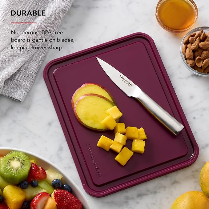 KitchenAid Classic Plastic Cutting Board with Perimeter Trench and Non Slip Edges, Dishwasher Safe, 8 x 10 inch, Beetroot