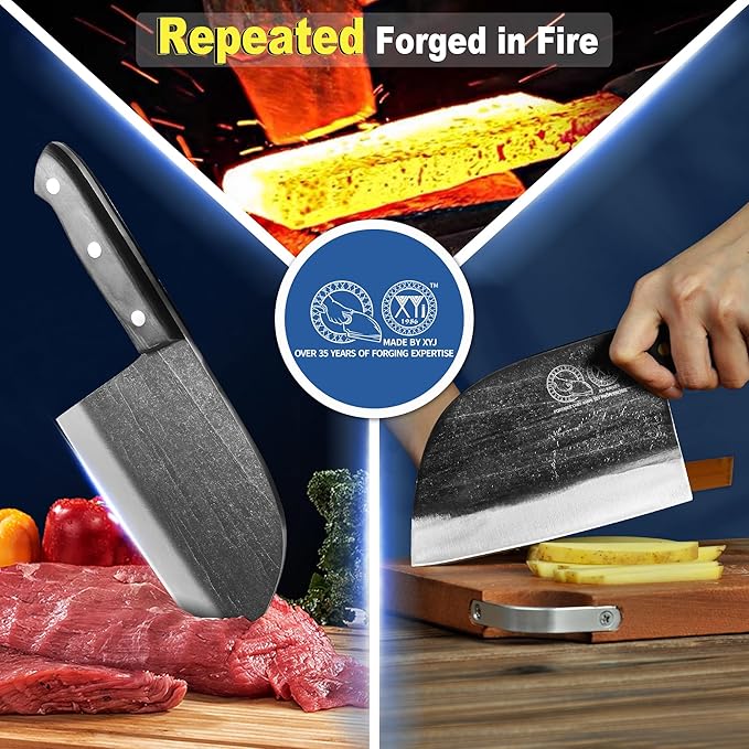 XYJ Authentic Since 1986,Outstanding Ancient Forging,6.7 Inch Full Tang,Serbian Chefs knife,Chef Meat Cleaver,Kitchen Knives,Set with Leather Sheath,Take Carrying,Butcher