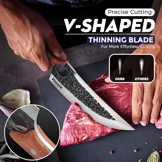 Huusk Chef Knives, Upgraded Viking Knife with Sheath Hand Forged Butcher Knife for Meat Cutting, Sharp Meat Cleaver for Kitchen and Outdoor, Thanksgiving Christmas Gifts