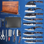 XYJ Knife Block Set, High Carbon Steel Blades, Kitchen Knives Set with Block, Cutting Board, Sharpening Steel, Scissors, Gloves, Mini Knife, Towel, Full Tang Knives, Pakkawood Handle