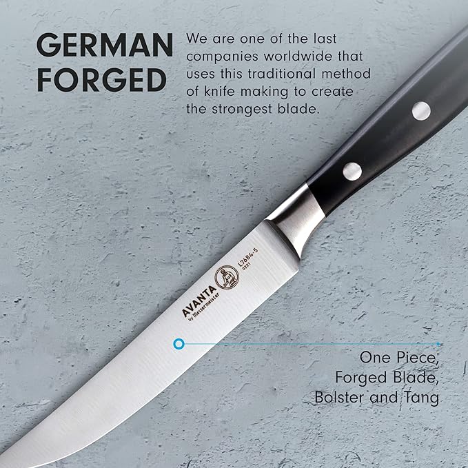 Messermeister Avanta Forged 5” Fine Edge Steak Knife Set - German X50 Stainless Steel - Rust Resistant & Easy to Maintain - Includes 4 Steak Knives