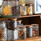 24 OZ/6 PCS Glass Storage Jar with Airtight Bamboo Wooden Lids, Vintage Food Containers Canisters Sets for Kitchen Counter Pantry, Sugar, Flour, Candy, Tea, Coffee Beans, Oats, Grain Bin, Pasta,