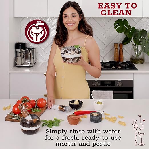 Gusto Nostro Natural Marble Mortar and Pestle Set | 5 Inch - 2.5 Cup Large Mortar Pestle Set for Grinding Herbs, Nuts, Grains | Pesto Grinding and Guacamole Stone Bowl | Marble Spice Crusher
