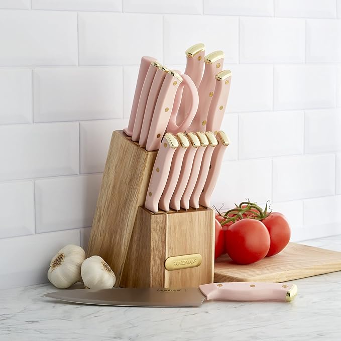 Farberware 15-Piece Triple Riveted Acacia Knife Block Set, High Carbon-Stainless Steel Kitchen Knives with Ergonomic Handles, Razor-Sharp Knife Set, Pink and Gold