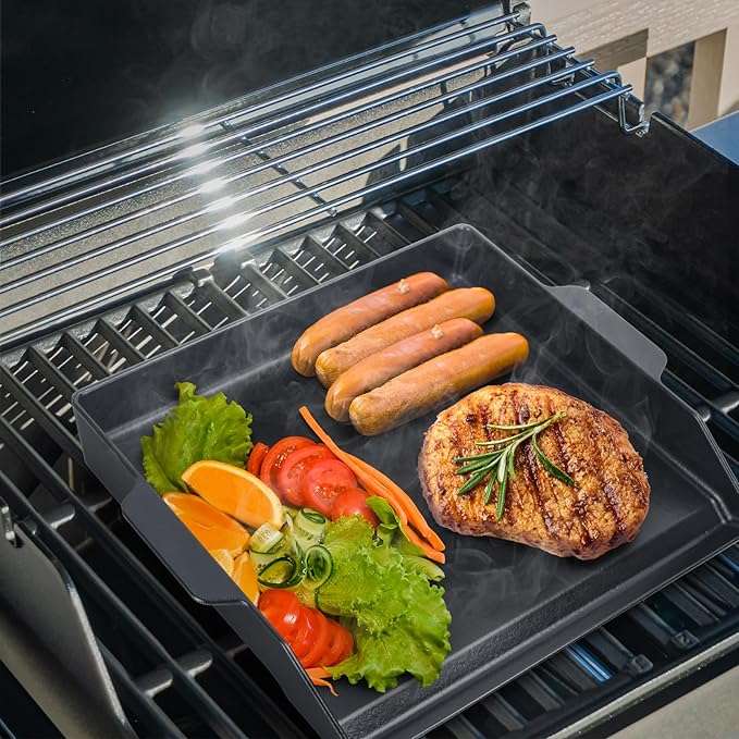 Universal Cast Iron Cooking Griddle Insert,Pre-Seasoned Nonstick Coating Griddle Pan for Gas Grill,BBQ Flat Top Grill Plate with High Sidewalls for All Grills and 4 Burner Range Oven,23" x 16"