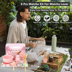 Matcha Whisk Set, Ceramic Matcha Set Includes Matcha Bowl, Bamboo Matcha Whisk and Holder, Bamboo Scoop, Scoop Holder, matcha sifter and Tea Towel - Matcha Kit for Matcha Lovers (Pink)
