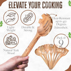 INTAJ Premium Teak Wooden Spoons for Cooking – 9-Piece Kitchen Utensils Set, Durable & Nonstick Safe, Eco-Friendly,Ergonomic Stir, Mix, Scrape & Serve – Ideal for Nonstick,Cast Iron & Ceramic Cookware