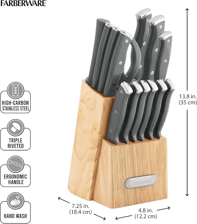 Farberware Triple Riveted Knife Block Set, 15-Piece, Gray, High-Carbon Stainless Steel Blades, Ergonomic Handles with Silver Accents, Includes Rubber Wood Storage Block