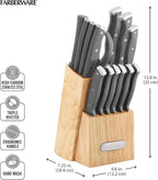 Farberware Triple Riveted Knife Block Set, 15-Piece, Gray, High-Carbon Stainless Steel Blades, Ergonomic Handles with Silver Accents, Includes Rubber Wood Storage Block