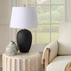 Nourison Home 23" Black Vintage Distressed Ceramic Pot Table Lamp for Bedroom, Living Room, End Table, with White Tapered Drum Shade