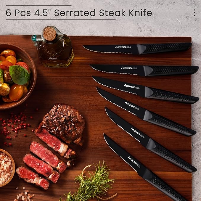 Astercook Knife Set, 15 Pieces Kitchen Knife Sets with Block and Built-in Knife Sharpener, German Stainless Steel Handle One-Piece Design Knives Block Set Dishwasher Safe, Black