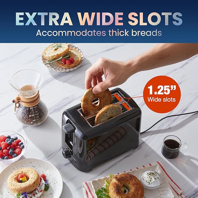 Elite Gourmet ECT1027B Cool Touch Toaster with 6 Temperature Settings & Extra Wide 1.25" Slots for Bagels, Waffles, Specialty Breads, Puff Pastry, Snacks, ETL Certified, 2 Slices, Black