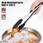 Doosu Kitchen Tongs for Cooking - 600°F Heat Resistant Food Tong with Non-Scratch Silicone Tips, Heavy Duty Stainless Steel Locking Tong for BBQ, Grilling Steak, Serving Salad, Pasta (12in, Black)