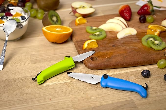 Kuhn Rikon Kinderkitchen® Kids Chef Knife Set With Scissors, 3 Pieces, Green/Blue/White| Cutting Tools Made for Real Cooking | Child Friendly Animal Designs With Hand Guard & Snipper Cover For Safety